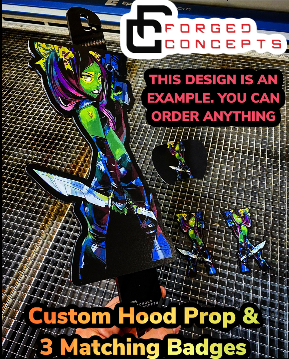SALE Custom Hood Prop and 3 Badges (ANY DESIGN) - Forged Concepts